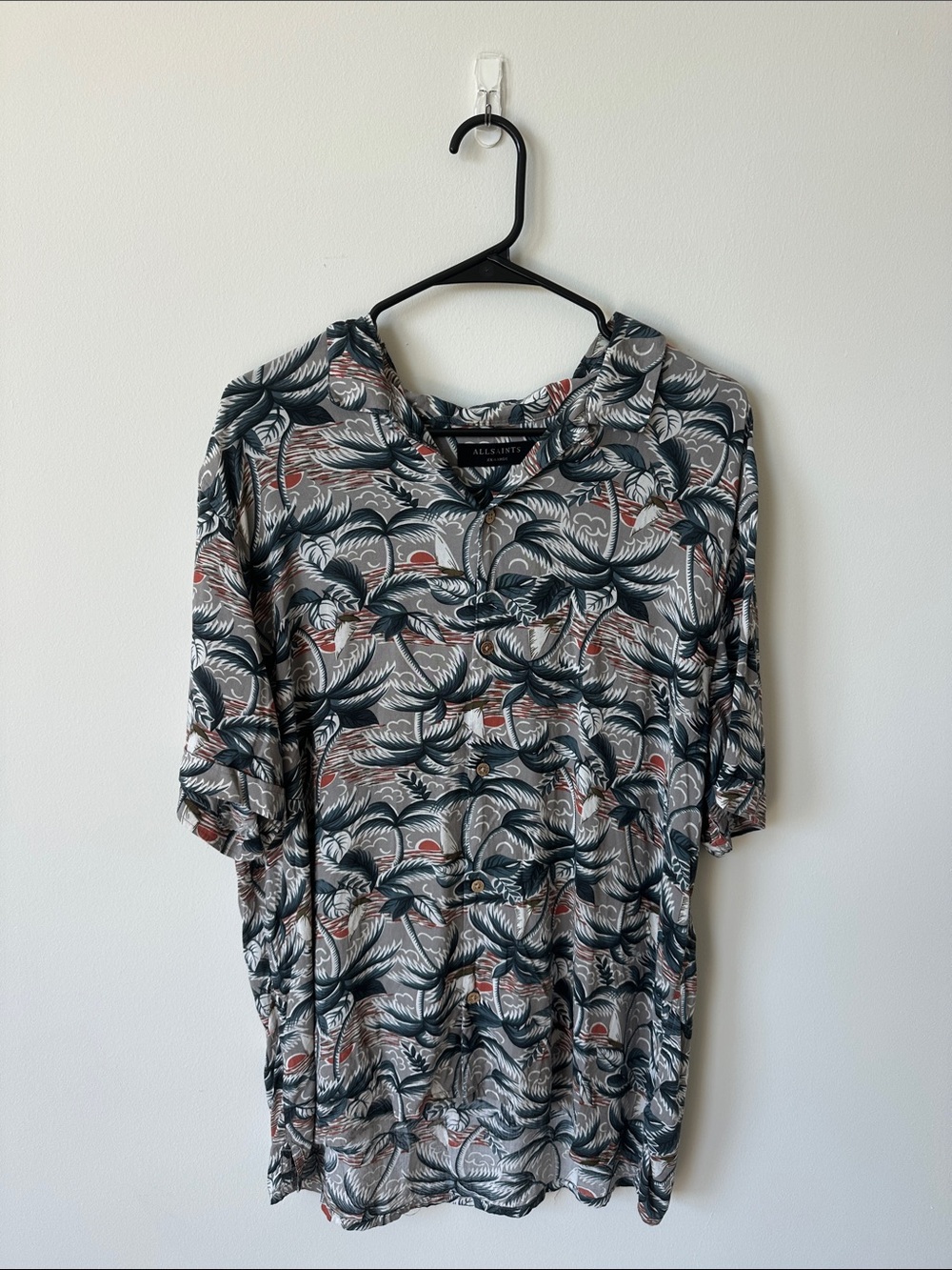 AllSaints Gray Palm-Print Casual Button-Down Shirt
